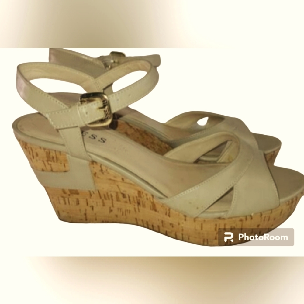 GUESS Size 8 Tan Cork Wedge Platform Open-Toe Wrap Ankle Sandals Y2K Neutral